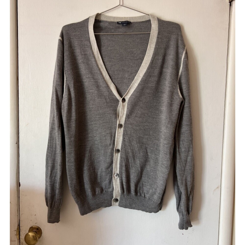 GAP Fine Merino Wool Long Sleeve Cardigan Gray Contrast Trim | Women ‘s Large